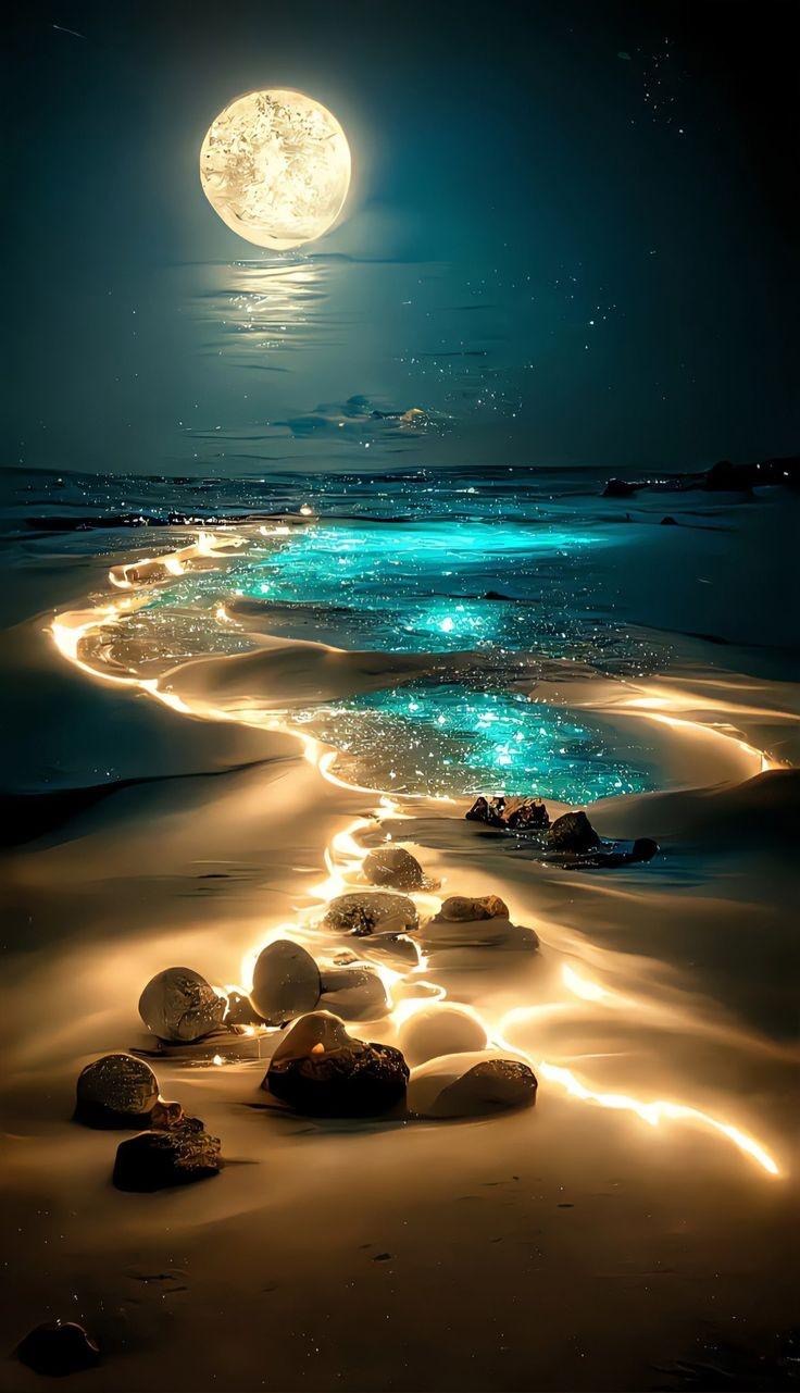 A full moon illuminates the beach at night
